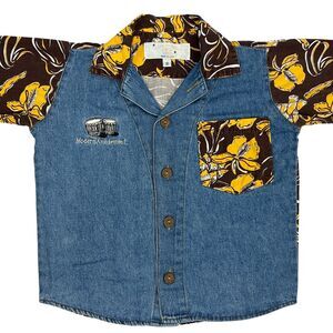 Vintage Modern Amusement Denim Hawaiian Shirt Boys S Small Blue Button Front USA